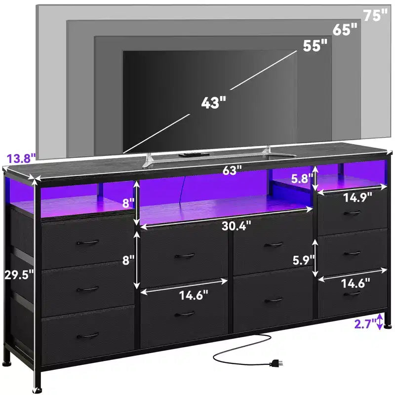 Meuble TV avec 10 tiroirs en tissu pour téléviseurs de 65/70/75 pouces, 160 cm de large