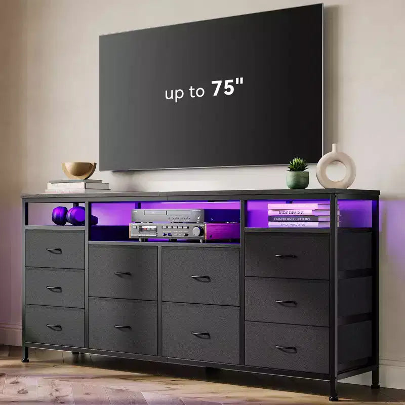 Meuble TV avec 10 tiroirs en tissu pour téléviseurs de 65/70/75 pouces, 160 cm de large