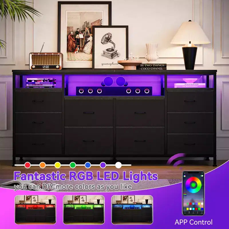 Meuble TV avec 10 tiroirs en tissu pour téléviseurs de 65/70/75 pouces, 160 cm de large