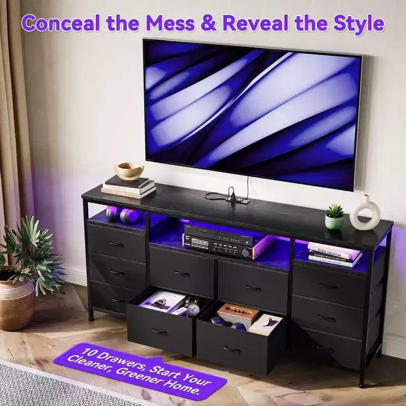 Meuble TV avec 10 tiroirs en tissu pour téléviseurs de 65/70/75 pouces, 160 cm de large
