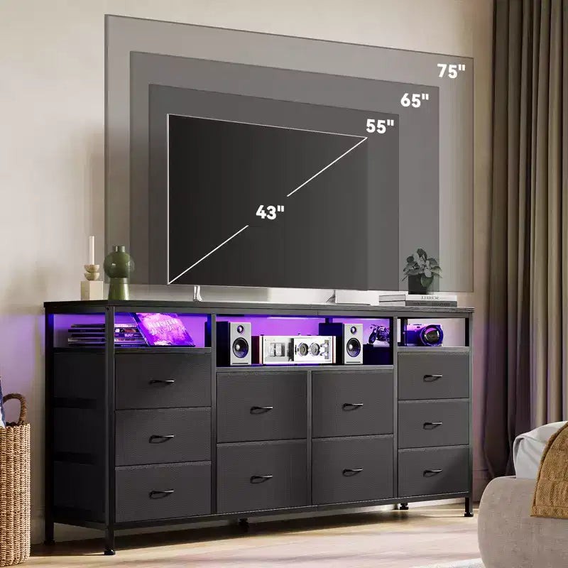 Meuble TV avec 10 tiroirs en tissu pour téléviseurs de 65/70/75 pouces, 160 cm de large