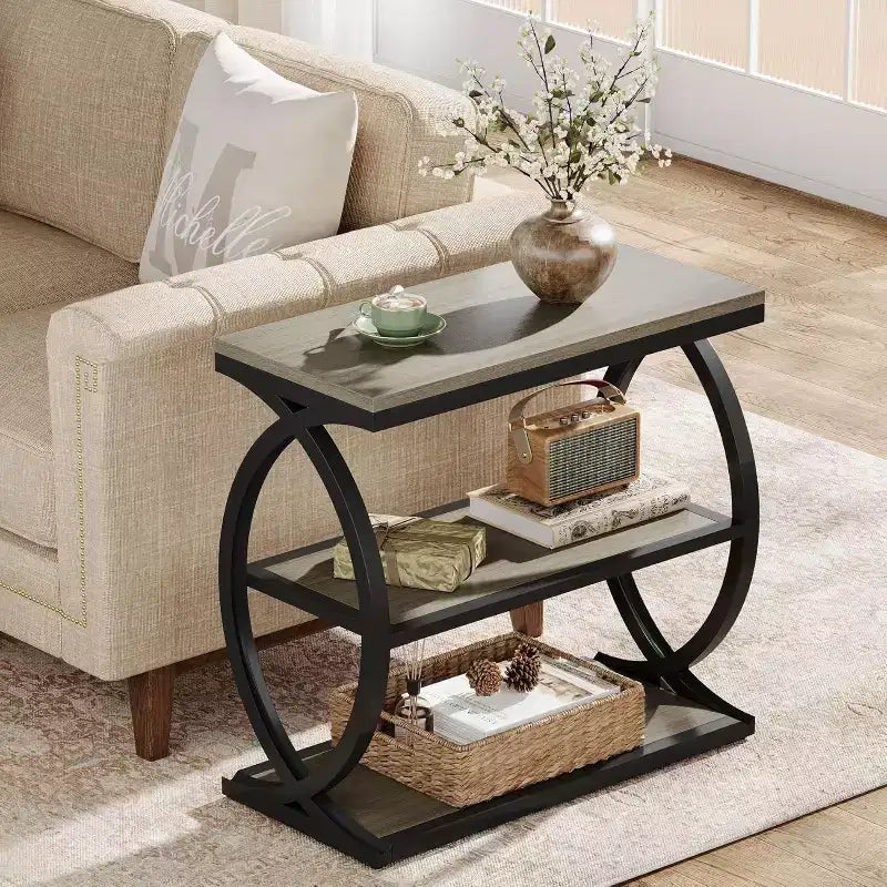 Lantine End Table, Narrow 3-Tier End Table for Living Room, Industrial Wooden Side Table with Metal Frame for Bedroom, Small Spaces, Grey