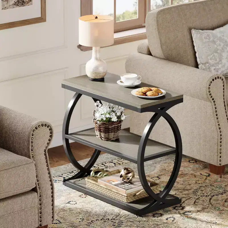 Table d'appoint, étroite, à 3 niveaux pour salon, en bois de style industriel