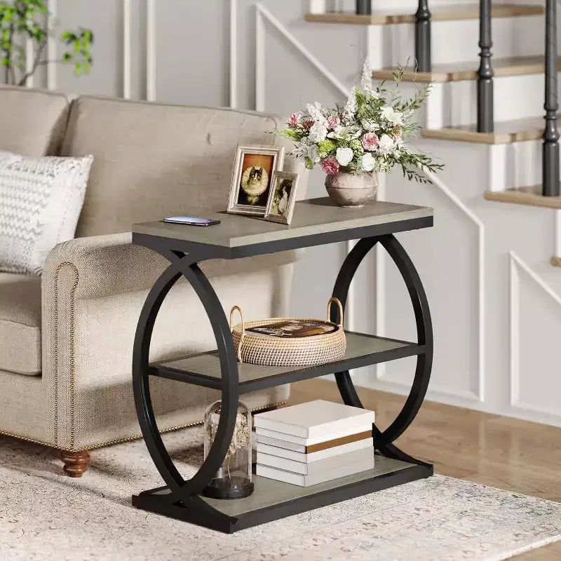Table d'appoint, étroite, à 3 niveaux pour salon, en bois de style industriel