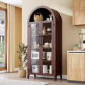 SunnyFurn Arched Kitchen Pantry Cabinet,5-Tier Display Shelf with Adjustable Shelf and 2 Large Glass Doors, Walnut