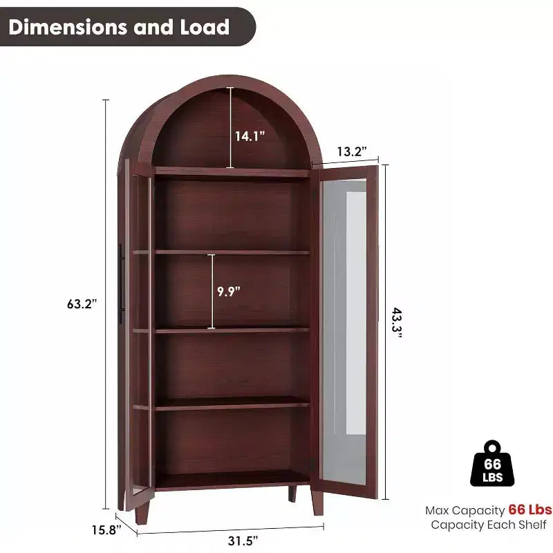 Étagère d'armoire de cuisine cintrée, portes vitrées, noyer