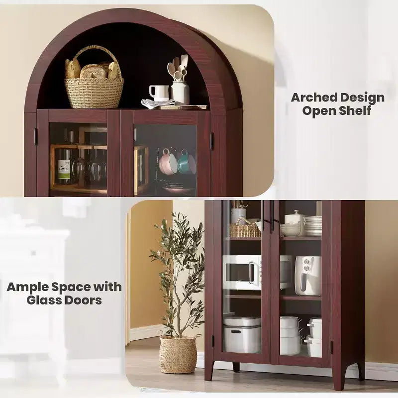 Étagère d'armoire de cuisine cintrée, portes vitrées, noyer