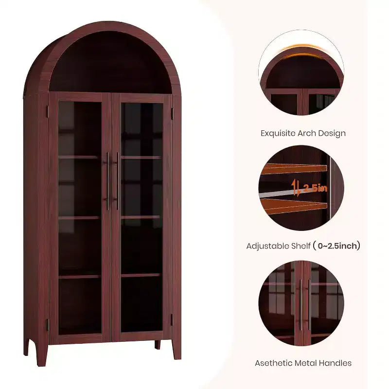 Étagère d'armoire de cuisine cintrée, portes vitrées, noyer