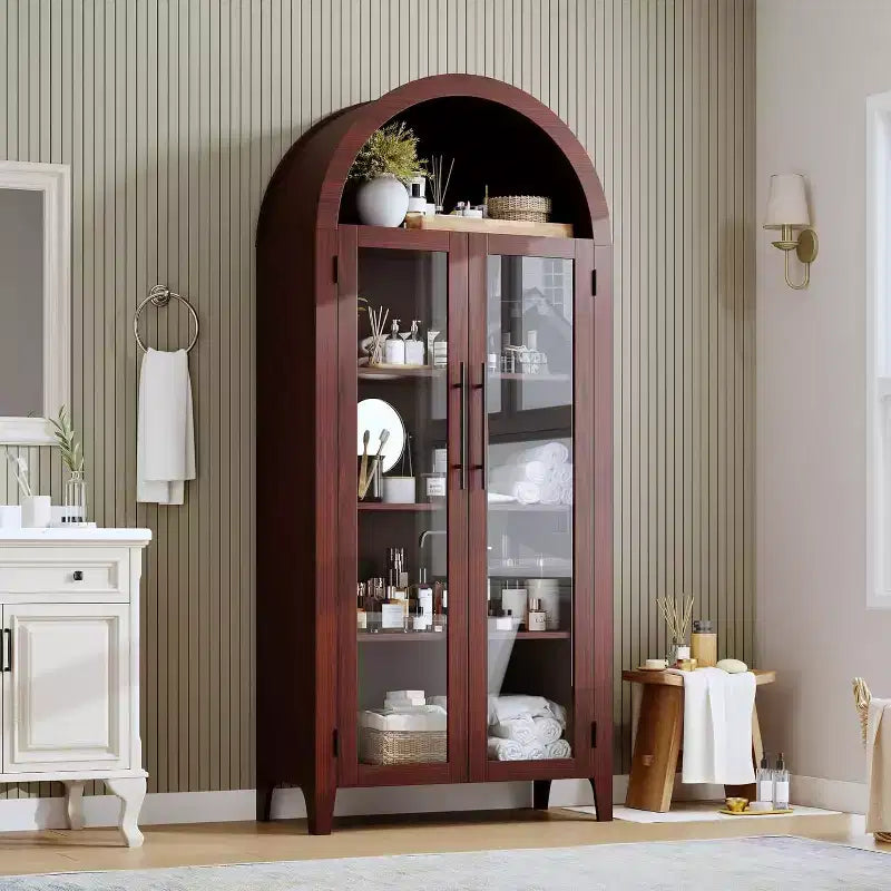 Étagère d'armoire de cuisine cintrée, portes vitrées, noyer