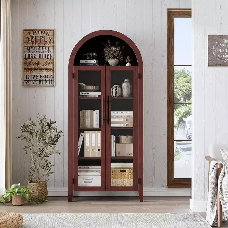 Étagère d'armoire de cuisine cintrée, portes vitrées, noyer