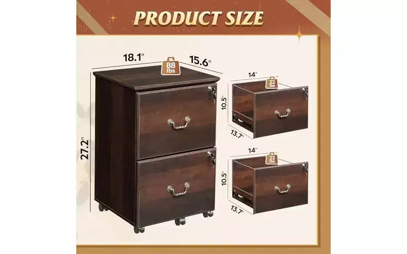 Classeur 2 tiroirs, petit meuble de bureau avec serrure