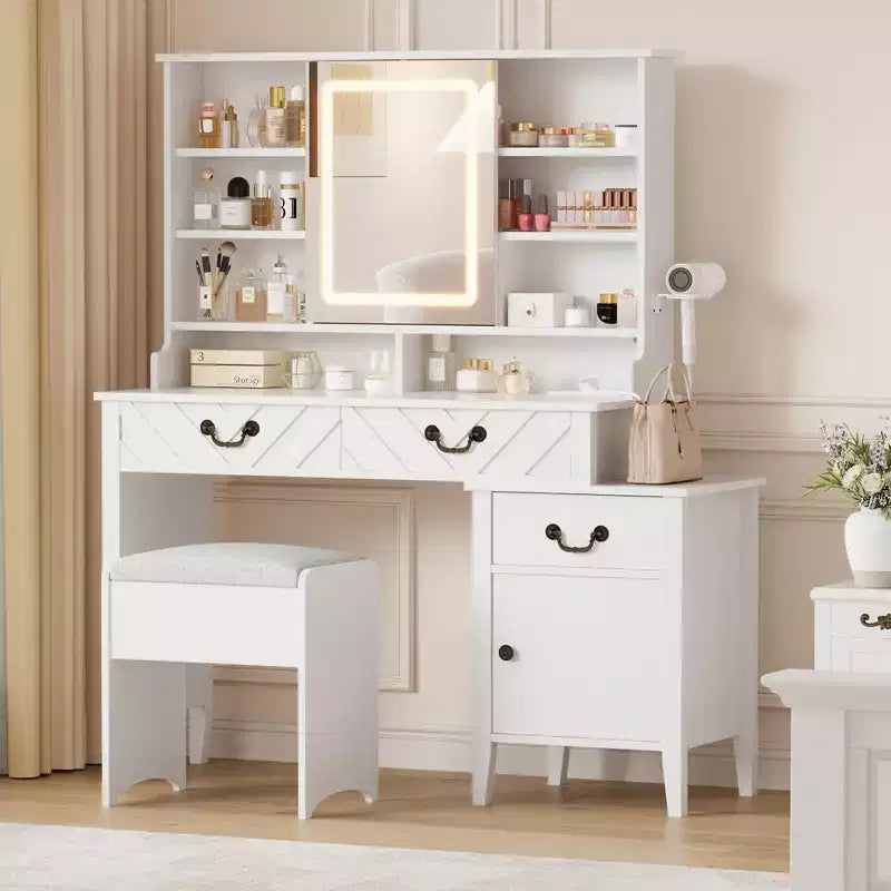 White Vanity Desk with Sliding Mirror, Charging Station, Hair Dryer Rack, Stool, Drawers & Storage, Modern Extendable Makeup Table for Bedroom