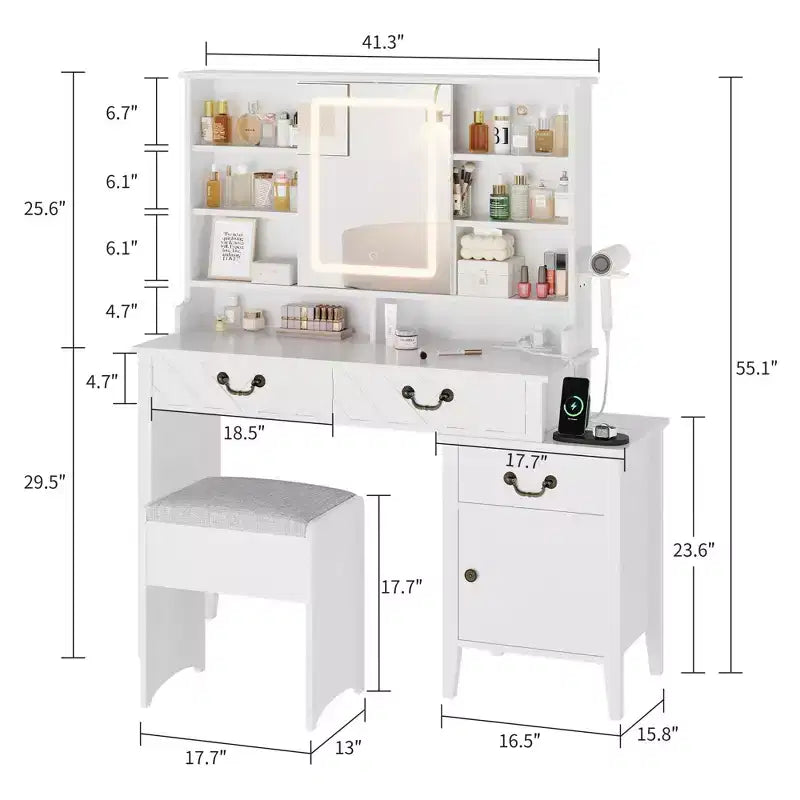 Coiffeuse blanche avec miroir coulissant et station de recharge