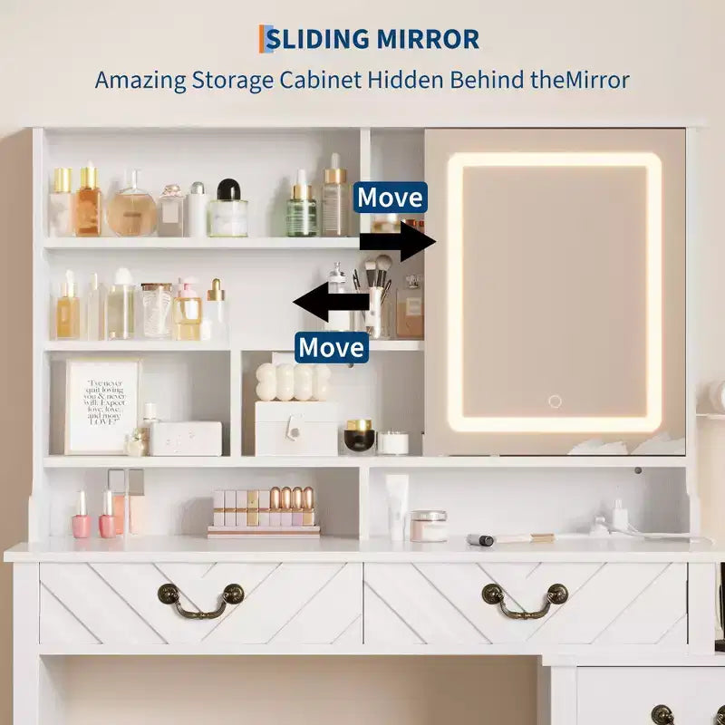 Coiffeuse blanche avec miroir coulissant et station de recharge