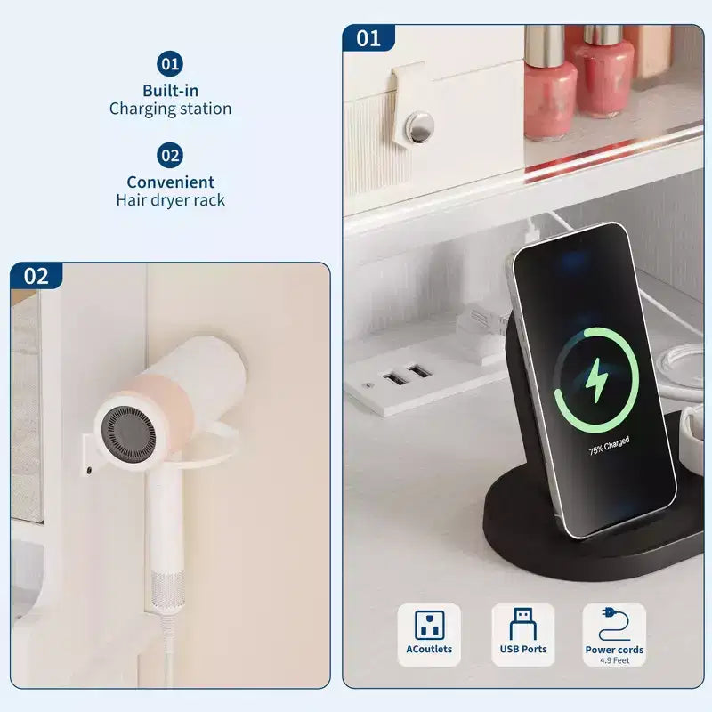 Coiffeuse blanche avec miroir coulissant et station de recharge