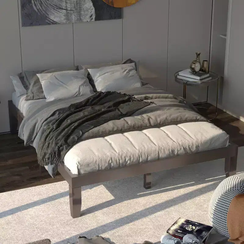 Costway Queen Size 14 in Wooden Bed Frame Mattress Platform Wood Slats Support EspressoNatural