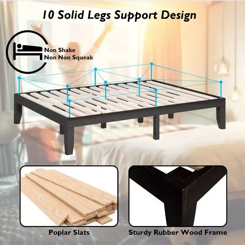 Costway Queen Size 14 in Wooden Bed Frame Mattress Platform Wood Slats Support EspressoNatural