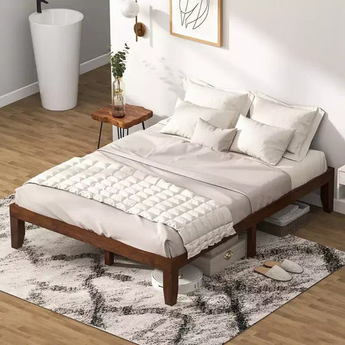 Costway Queen Size 14 in Wooden Bed Frame Mattress Platform Wood Slats Support EspressoNatural