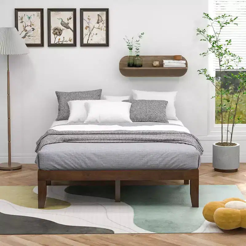 Costway Queen Size 14 in Wooden Bed Frame Mattress Platform Wood Slats Support EspressoNatural