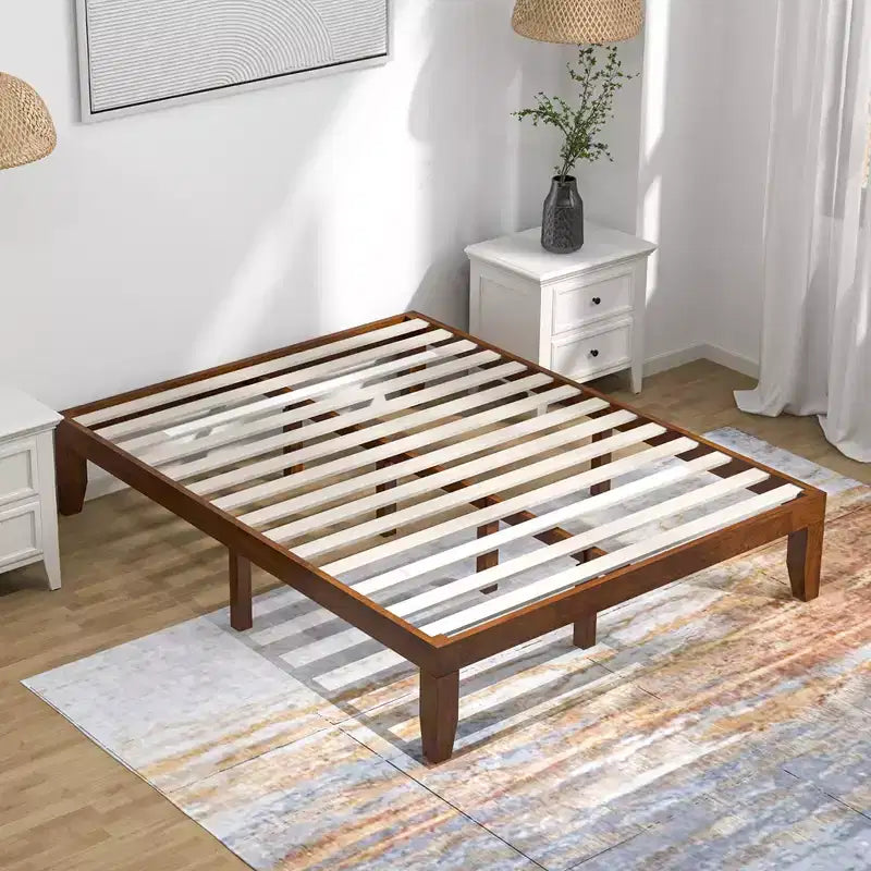 Costway Queen Size 14 in Wooden Bed Frame Mattress Platform Wood Slats Support EspressoNatural