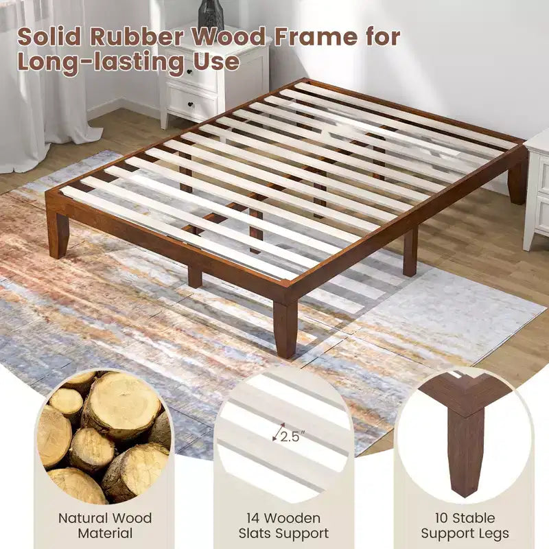Costway Queen Size 14 in Wooden Bed Frame Mattress Platform Wood Slats Support EspressoNatural