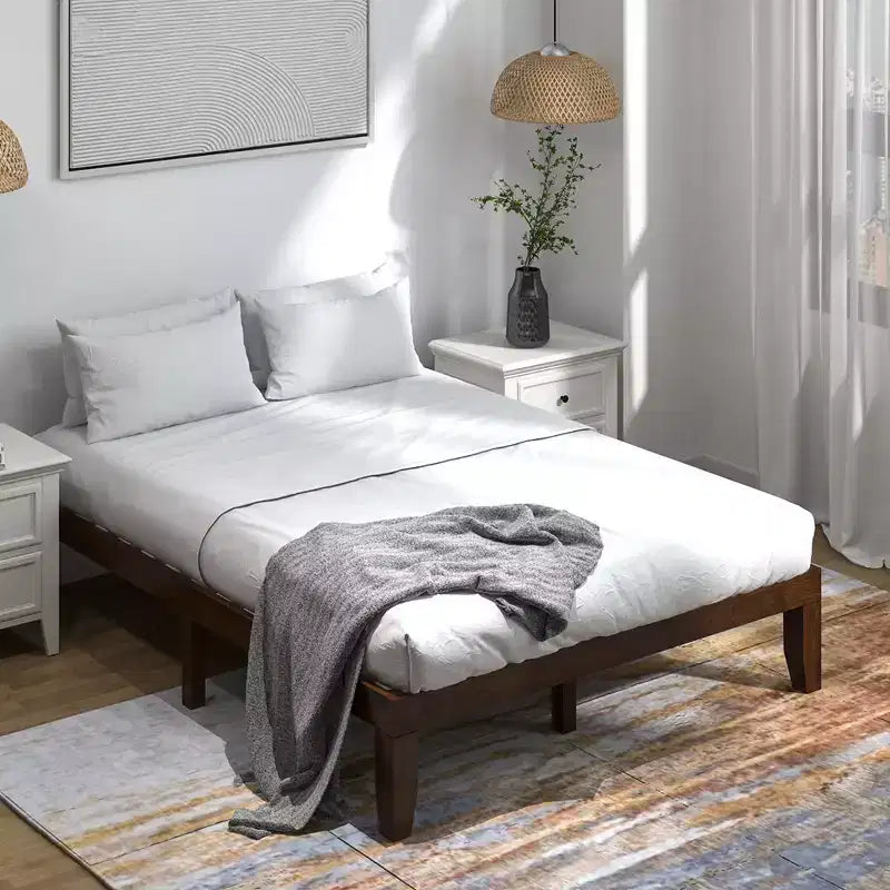 Costway Queen Size 14 in Wooden Bed Frame Mattress Platform Wood Slats Support EspressoNatural